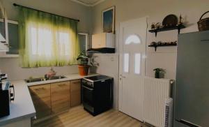 a kitchen with a black refrigerator and a sink at Allin home in Mantoúkion