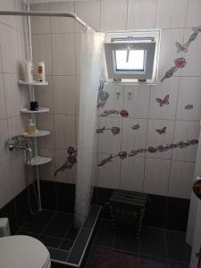 a bathroom with a shower with butterflies on the wall at Paradise in Loutrá Elevtherón +23 photos