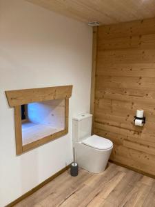 a bathroom with a toilet and a wooden wall at Maison Canelle Le Clos des Ours in Matemale +174 photos
