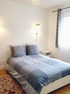 a bedroom with a bed with blue sheets and a window at Paris/La Défense 10' en train 2 CHB in Colombes +15 photos