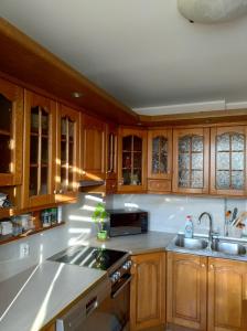 a kitchen with wooden cabinets and a sink at Pokoje Szczecińska in Szczecin