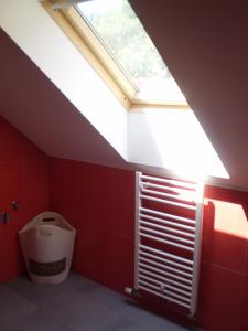 a bathroom with a skylight and a toilet in it at Apartments Petar Pan in Krapinske Toplice