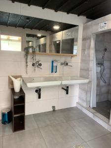 a bathroom with a sink and a shower at Surf Przyczepa Jastarnia in Jastarnia