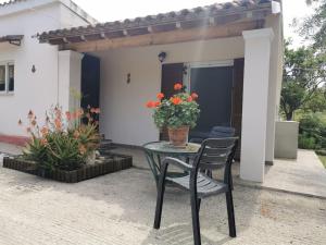 a table with a chair and flowers on a patio at Harmony beach house in Roda