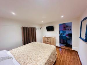 a bedroom with a bed and a flat screen tv at Villa Antoaneta in Panagia
