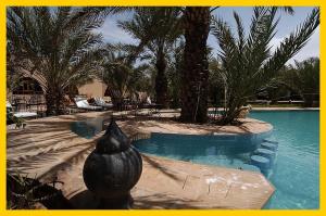 a swimming pool with a black vase in the middle of it at La Rose Du Desert in Erfoud