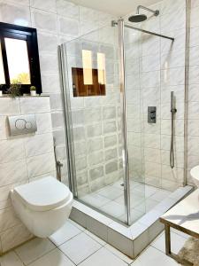 a bathroom with a toilet and a glass shower at Ndap Ma Xa in Yaoundé +48 photos