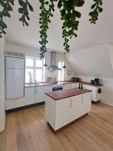 イェリングにあるGrand Luxury Apartment In The Center Of Hjoerringの白いキャビネットと木製の床を備えたキッチン