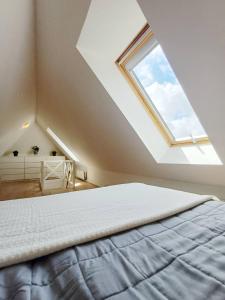 イェリングにあるGrand Luxury Apartment In The Center Of Hjoerringのベッドと天窓のある屋根裏部屋の寝室
