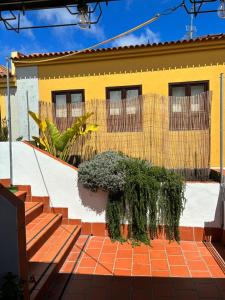 a yellow house with stairs and plants in front of it at Agradable casa con terraza in La Laguna
