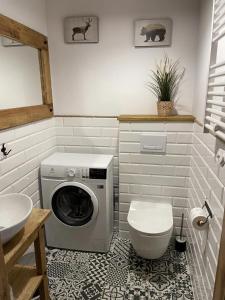 un bagno con lavatrice e WC di Domek na Kaszubach 2-2 - Ostoja Bukowo a Borowy Młyn