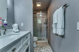 a bathroom with a shower and a toilet and a sink at Plum Point Lodge in Himrod +20 photos