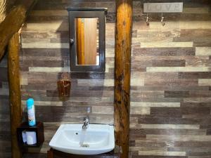 a bathroom with a sink and a mirror at Sweet Melody Tree House in Gaborone