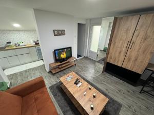 a living room with a couch and a television at Vila Ema in Bajina Bašta