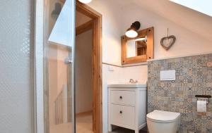 Borowy MłynにあるDomek na Kaszubach 3-2 - Ostoja Bukowoのトイレ、洗面台、シャワー付きのバスルーム +1枚の写真