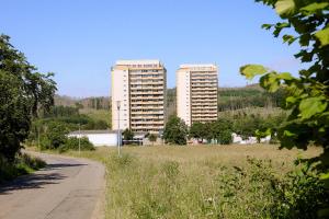Harzträume Panorama Lodge, im Harz, mit Schwimmbad und Sauna في برونلاغ: مبنيين شاهقين في حقل بجوار طريق