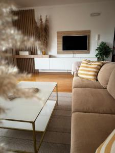 a living room with a couch and a tv at Sea apartment Bar in Bar