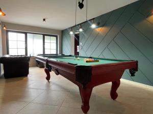 a pool table in a room with a wall at Wellness Suite für 2 Personen mit Sauna und Billardtisch in Altenau