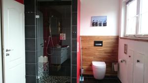 a bathroom with a shower and a toilet and a sink at Messe Homestay Hannover Ost in Sehnde