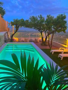 a swimming pool in a yard with trees at OIKOS Guesthouse & Rooftop in Suio