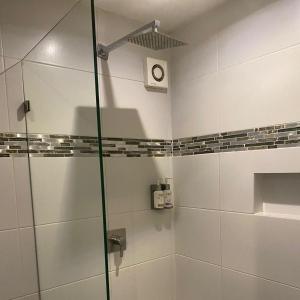 a shower with a glass door in a bathroom at Hotel Atenas Plaza in Mexico City