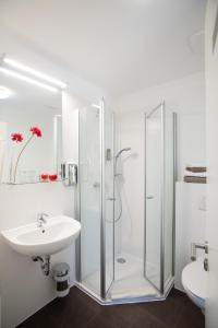 uma casa de banho com uma cabina de duche em vidro e um lavatório. em Velo Inn Basislager Bad Berka em Bad Berka