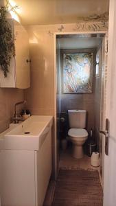 a bathroom with a white sink and a toilet at Petite chambre avec 2 lits dans maison d'artiste centre ville in Bernay