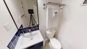 a bathroom with a sink and a toilet and a mirror at Das Hartmann Haus - WiFi - Washer - Dryer - Grill - Fireplace in Red River +41 photos