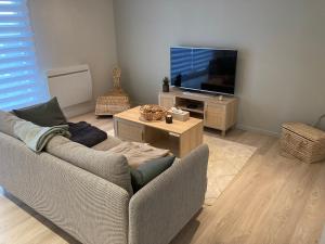 a living room with a couch and a flat screen tv at Appartement T3 classé 3 étoiles in Bayonne