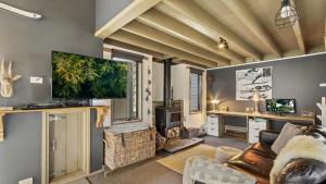 a living room with a fireplace and a flat screen tv at Aaragon in Dinner Plain