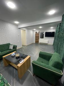 a living room with two green couches and a coffee table at Dream home in Vanadzor