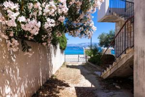 a path with pink flowers on a wall at Apartman Angelina in Supetar
