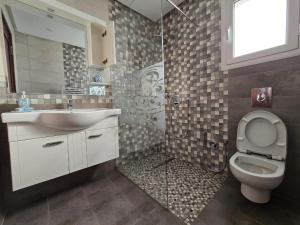 une salle de bain avec un lavabo, des toilettes et une douche dans l'établissement Villa Elaa, à Temlale 16 autres photos