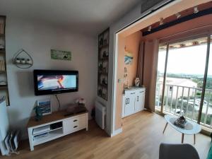 ein Wohnzimmer mit einem TV und einer Glasschiebetür in der Unterkunft Appartement charmant à Bandol 30 m² avec vue sur la mer. in Bandol