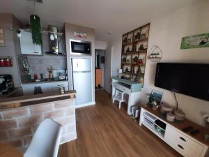 a living room with a fireplace and a tv at Appartement charmant à Bandol 30 m² avec vue sur la mer. in Bandol
