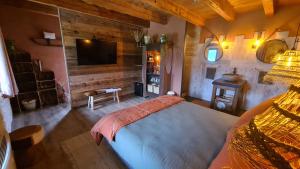 ein Schlafzimmer mit einem Bett und einem Fernseher in einem Zimmer in der Unterkunft Le Refuge du Montagnard in Marthod