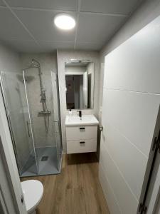 a bathroom with a shower and a sink and a toilet at Apartamento San Antonio in Carboneras