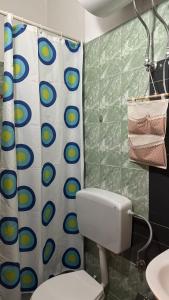 une salle de bain avec toilettes et rideau de douche dans l'établissement Lida Guest House, à Përmet