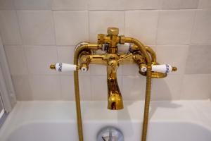 un robinet en or dans une salle de bain avec baignoire dans l'établissement Gîte nature avec piscine privée, à Montagnac 28 autres photos