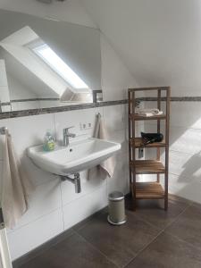 a bathroom with a sink and a mirror and a shelf at Ferienwohnungen Fischbachhof in Sulzbach an der Murr +15 photos