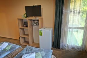 a living room with a refrigerator and a tv at Coastalguest House in Veliko Tŭrnovo
