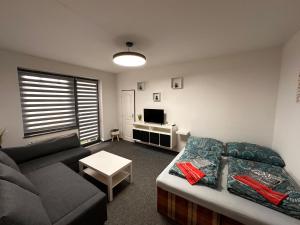 a living room with a couch and a table at Apartmán Chlupáč in Harrachov