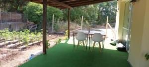 a patio with a table and chairs on a green floor at Стаи за гости Пансионът на Роуз Вълшебната ми Кръстница in Chernomorets