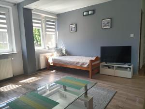 a living room with a couch and a flat screen tv at Apartament Blekit Nieba in Tykocin