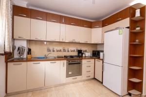 a kitchen with white cabinets and a refrigerator at Walter Home Bușteni with Private Terrace in Buşteni