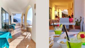 two pictures of a restaurant with a table with drinks at Hotel Scoglio Bianco in Portoferraio