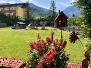 a garden with a playground with a bird house and flowers at Frauenmantel mit extra Doppelzimmer in Sankt Johann im Pongau