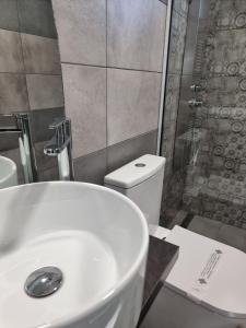 a bathroom with a white sink and a toilet at Hotel Nefeli in Volos