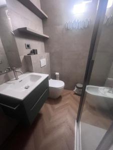 Un baño con inodoro, lavabo y ducha. en White Home Tonale, en Passo del Tonale 45 fotos más