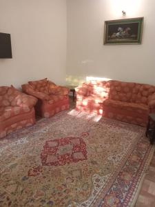 a living room with two couches and a rug at Abbasi guest house in Murree +1 photo